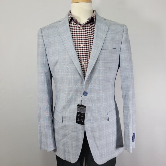 Alfani Men's Sport Coat‎ Blazer Two Button Light Blue Plaid ALFATECH 40L NEW